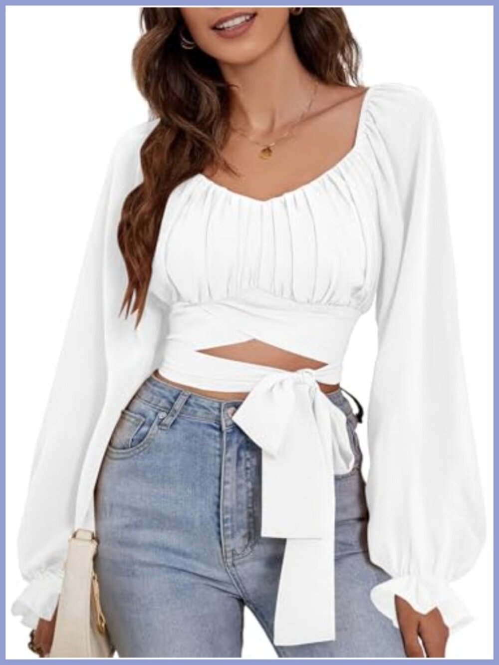 Ruched Wrap Self Tie Crop Top Square Neck Puff Sleeve Backless Blouse